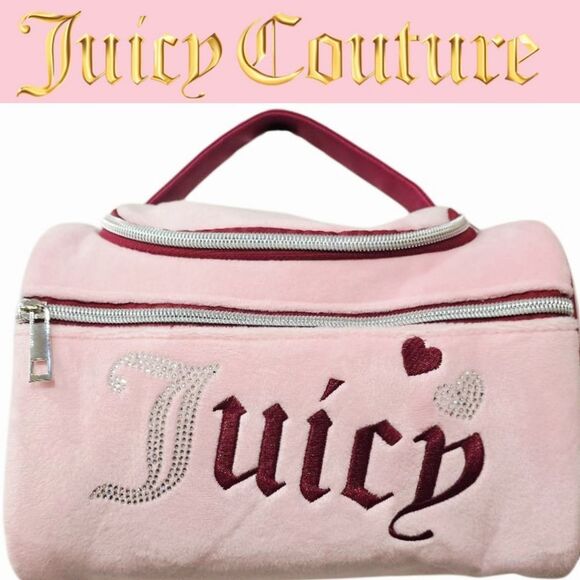 Juicy Couture Rhinestone Partial Logo & Heart Velour Travel Hanging Cosmetic Bag - Picture 1 of 10